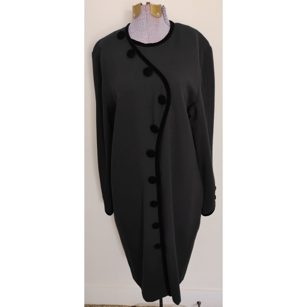 Vtg 90's Carolina Herrera Dress Women's Black Wool Crepe Midi Velvet Buttons 12